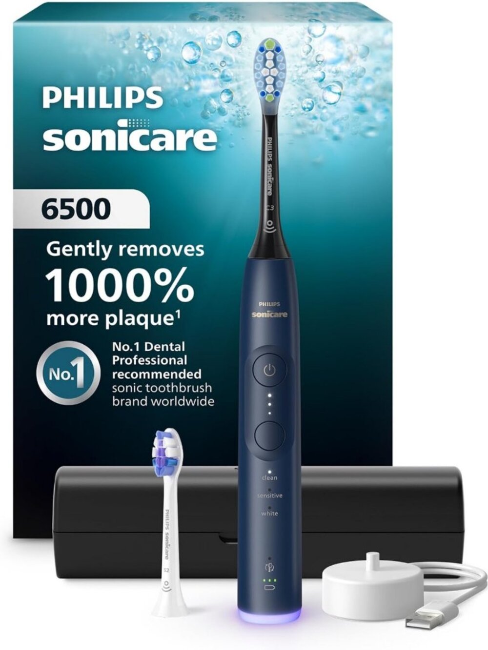 Rechargeable Electric Toothbrush with 2 Brush Heads - Navy, Sonic Cleaning Power